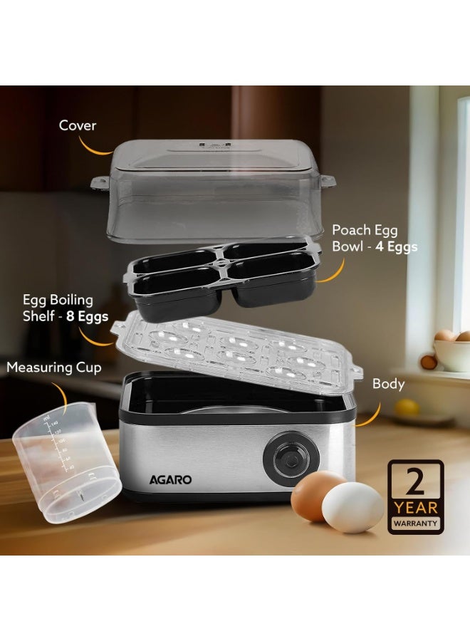 AGARO Grand Egg Boiler and Poacher,2-in1 Boils 8 Eggs, Poach 4 Eggs, Steamed Vegetables, 3 Boiling Modes, Stainless Steel Body, Transparent Lid, 500 Watts, Silver |14 Ounces - Image 3